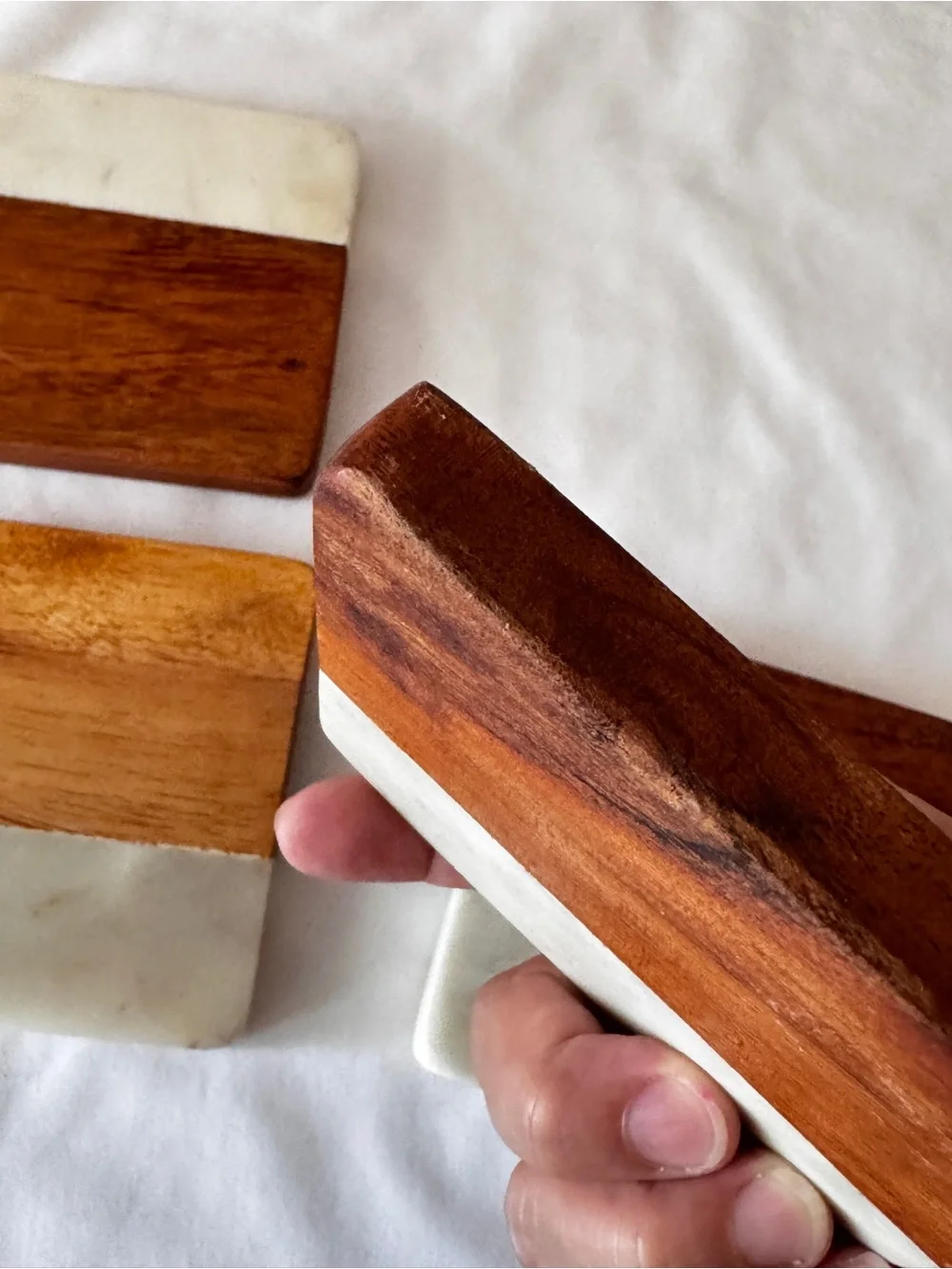 Two-Tone Wood & White Marble Square Coasters - Set of 4